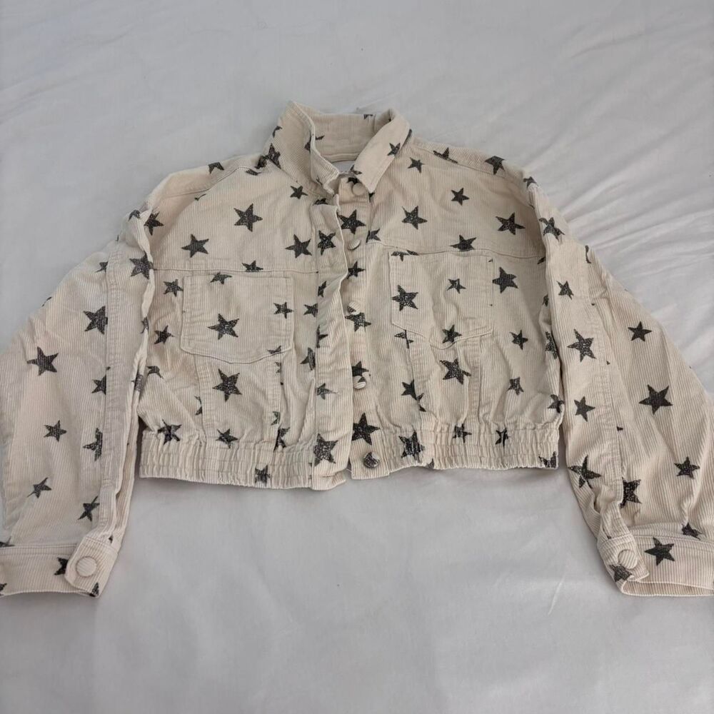 LELIS Cream Navy Vintage Cordouroy Star Cropped Women's Medium Coat Jacket